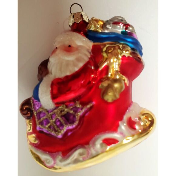 Christmas Ornament Santa Sleigh Sack of Toys & Presents Glass Gold Sparkling - Picture 4 of 9